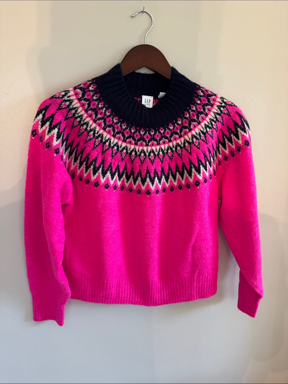 GAP Girls XL (12) Hot Pink Fair Isle Turtleneck Sweater with Navy Geometric Yoke